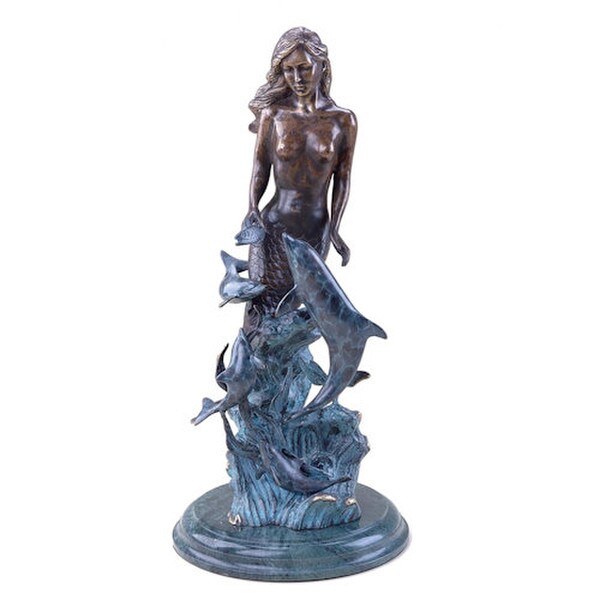 Mermaid with Dolphins Sculpture Fine Art Statue Mounted on Marble Base